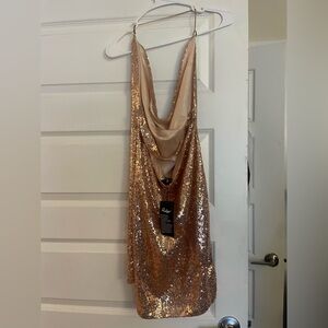 New L Gold Sequin Halter Dress New Years Club Rave